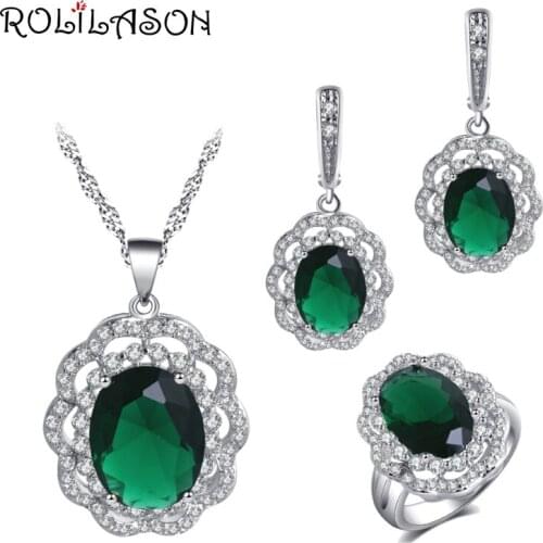 ROLILASON For Best Friend Exquisite Set Green Zircon Round Flower Design Silver Earrings Necklace Ring jewelry Set JS776