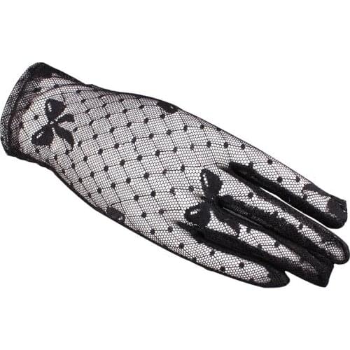 Lace gloves female autumn thin section elastic mesh breathable elegant non-slip sexy stage black bow summer C16