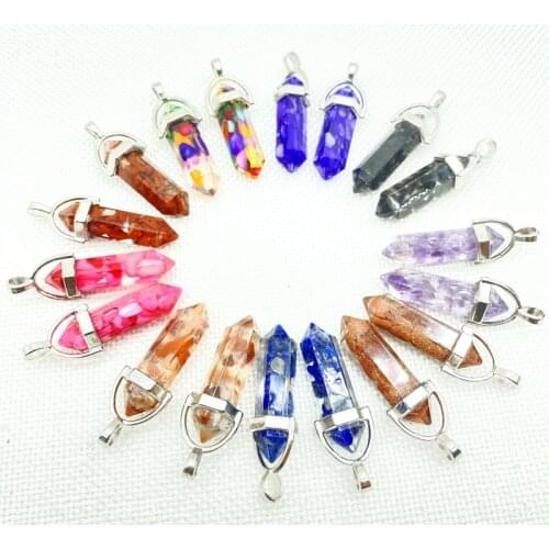 Natural stone Quartz Crystal amethyst lapis gravel composition Hexagonal charm Pendants for Jewelry Necklaces Accessories 24PCS