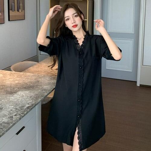 2021Summer New Womens Nightdress Short Sleeve Chiffon Buttons Thin Lace Homewear Sexy Sleepwear Women Nightwear Sleep Tops