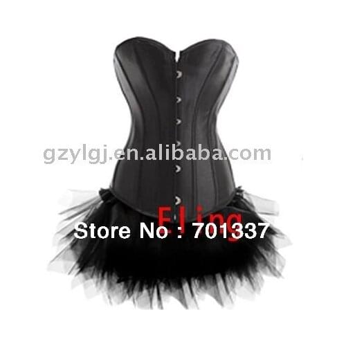 Wholesale Sexy lingerie Ladies Satin Lace Up Basque Corset Separate Tutu black S-XL am2202
