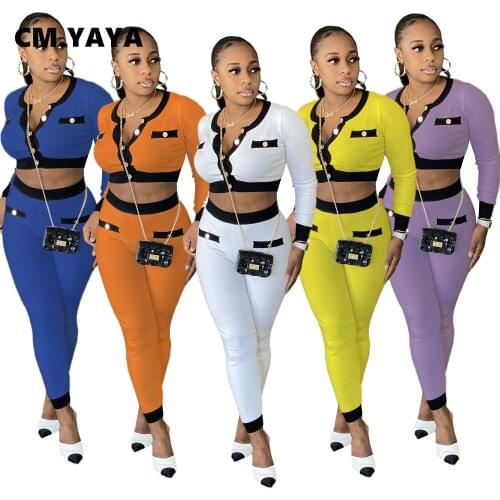 CM.YAYA Activewear Autumn Womens Set Full Sleeve Crop Tops Legging Pant Suits Tracksuit Fitness Two Piece Set Street Outfits