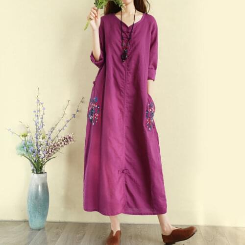 Vintage Embroidery Dress Women Cotton Linen Long Shirt Dress Plus size Ladies Dresses Loose Casual Muslim Clothes