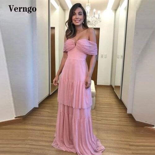 Verngo Sexy Off the Shoulder Blush Pink Prom Dresses Women 2021 Chiffon Tiered Skirt A Line Long Evening Formal Occasion Gowns