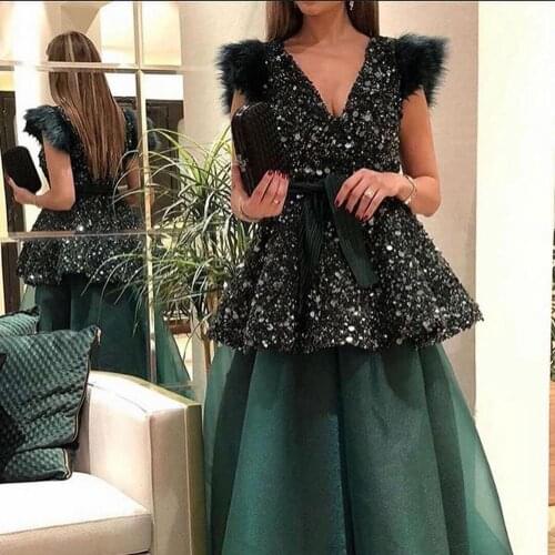 Fashion Vestidos De Formature Plunging V Neck Beaded Sequins Cap Sleeve Dark Green Floor Length Prom Dresses
