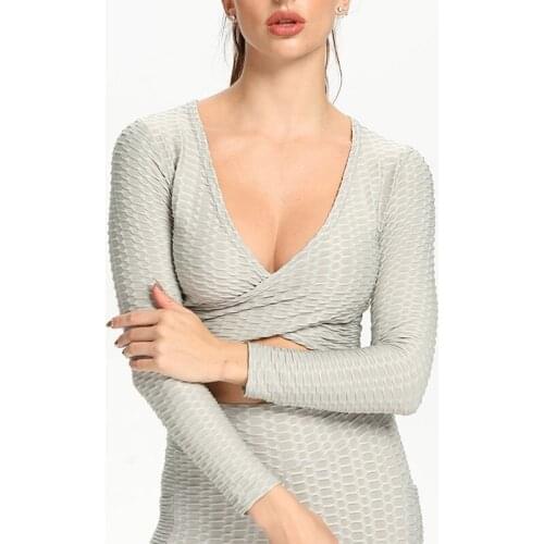 NORMOV Casual Women Tops Solid Cross V Neck Longsleeve Push Up Polyester Workout Tops Sexy Bodycon Hollow Fitness Tops Female