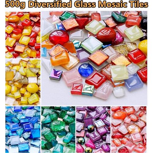 500g Diversified Glass Mosaic Tiles DIY Mosaic Craft Materials 8 Colors Vs 9 Shape Mixed Shiny Mosaic Stones