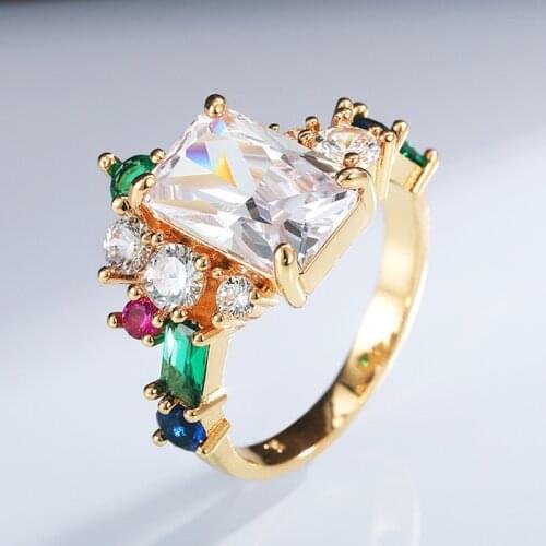 Luxury Female Rainbow Crystal Stone Ring Charm Gold Color Wedding Rings For Women Trendy Bride Square Zircon Engagement Ring