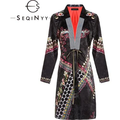 SEQINYY Long Top 2020 Autumn Spring New Fashion Design Flowers Vintage Thin Slim Black Trench Jacquard Top Women