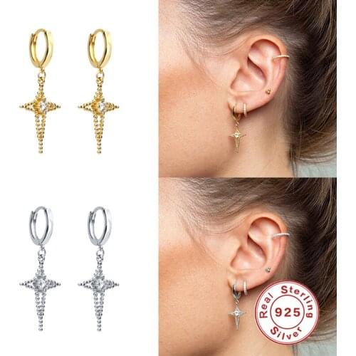 Aide 925 Sterling Silver Cross Pendant Dangle Earrings Fashion Rhinestone Zirconia Women Drop Earrings Jewelry Valentines Gifts