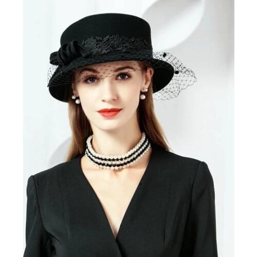 100% Wool Hats With Veil Ladies Black Fascinators For Women Elegant Wedding Party Derby Church Cocktail Hat Fedora M662