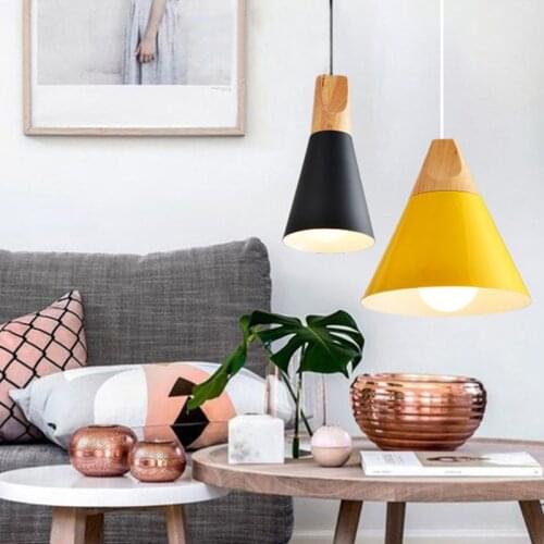 Nordic Loft Wood Aluminum Lampshade Industrial Pendant Lights Lighting Lamparas Colorful Pendant Lamp E27 Base Light Fixtures