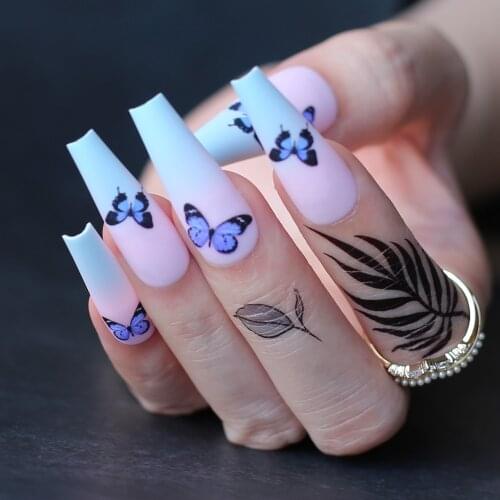 Extra coffin Fake nails ballet False nail Matte Ombre Baby blue Butterfly printing pink Cute, super long and high quality
