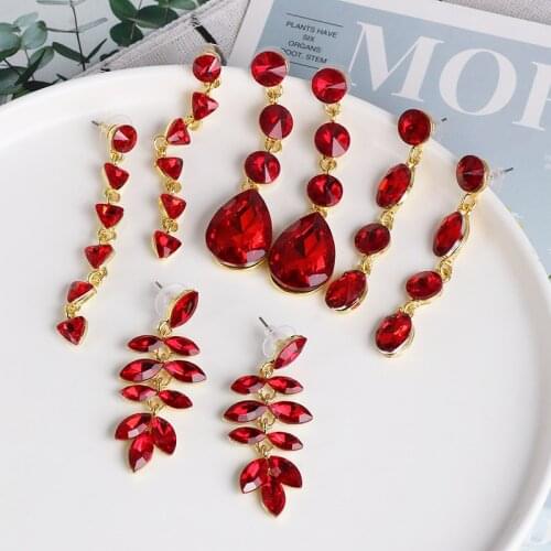 Wholesale JUJIA Luxury Bridal Long Drop Earrings Red Color Rhinestone Crystal Dangle Earrings For Women Wedding Accessories