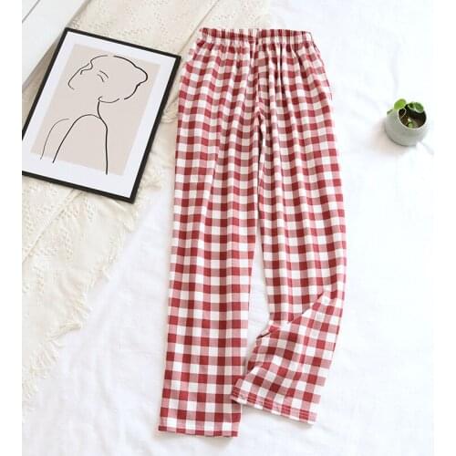 Japanese Minimalist Cotton Pajama Pants Autumn Elastic Waist Sleep Bottoms Plaid Sleepwear Women Loungewear Thin Loose Home Wear