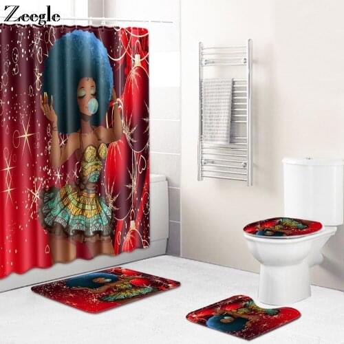 Zeegle 4Pcs African Women bathroom curtain Non-Slip Fashion Accessories Toilet Pad Bath Mat Rugs Flannel Home Shower Curtain Set