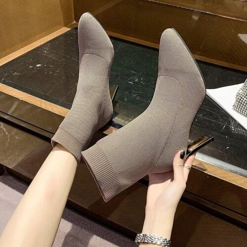 Fashion Metal Blade Heels Socks Boots Women Stretch Fabric Elastic Stilettos Heel Pointed Toe Ankle Boots Shoes Woman Socks Boot