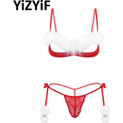 Womens Sexy Open Cups Bra Set White Feather Trim Bra Top G-string Thongs Underwear Exotic Set Sheer Lace Christmas Lingerie Set