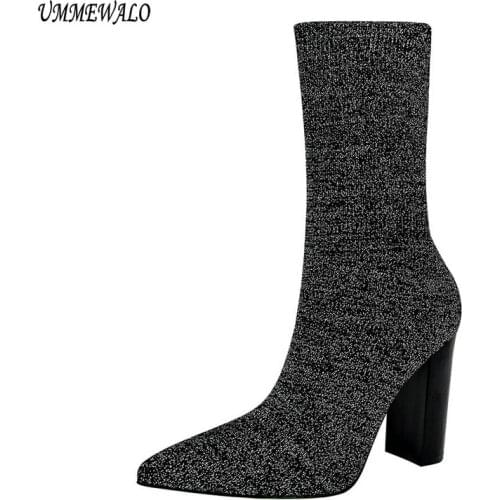 UMMEWALO Pointed Toe Stretch Knitting Sock Boots Women Fashion High Heel Shoes Elastic Ankle Boots Winter Ladies Shoes 3129-2