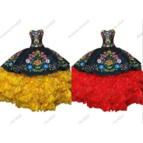 Amazing Black Yellow Red Vestido De Sweet 15 16 XV Anos Ball Gown 2021 Quinceanera Formal Evening Dress Flower Embroidery Ruched