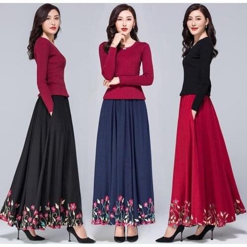 2021 Spring Autumn New Skirt Women Cotton Casual Loose Solid Color Summer Embroidery Ankle-Length Skirt Dress Female Costume