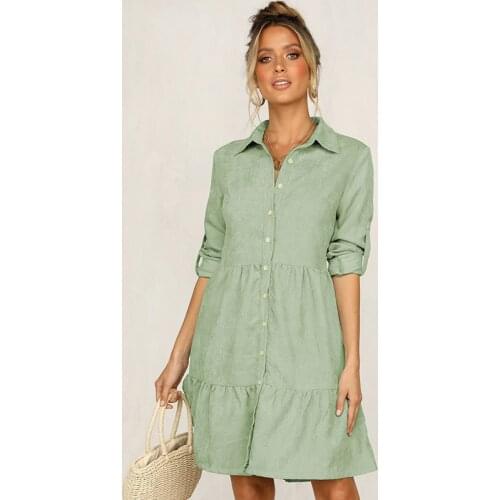 Woman Casual Loose Long Sleeve Shirt Dress Spring Autumn Fashion Pure Color Dresses Women Cotton Folds Slim Robe Femme Clothing