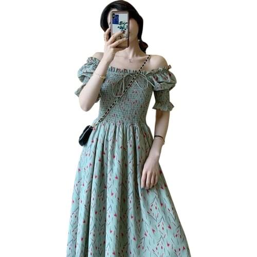 Women Summer Dress Plus Size 4XL 2021 New Vintage French Square Collar Dress Slim A-line Floral Print Chiffon Long Vestidos