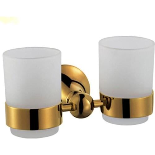 Gold Double Cup Holder Copper PVD Mouthwash Glass Holder Bathroom Hardware Pendant Cup Holder Produits De Salle De Bain