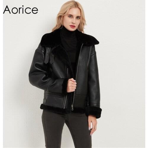 Aorice Women Genuine Sheepskin Leather With Real Sheep Fur Coat Jacket 2020 Ins Hot Lady Female Girl Winter One Fur Parka CT056