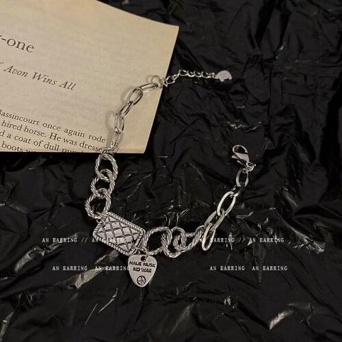 Trend Hip Hop Stainless Steel Chain Bracelet Retro Letter Heart Pendant Bracelets for Women Men Punk Hand Jewelry