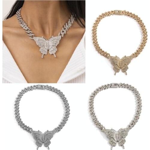 Cristal brilhante grande borboleta colares mulher cz tênis corrente gargantilha colar congelado para fora pingente de borboleta