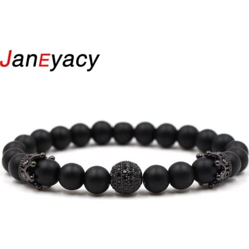 Janeyacy 2018 Hot Fashion 8mm Scrub Stone CZ Crown Bracelet Mens or Womens Bracelet Zircon Jewelry Pulseira hombres