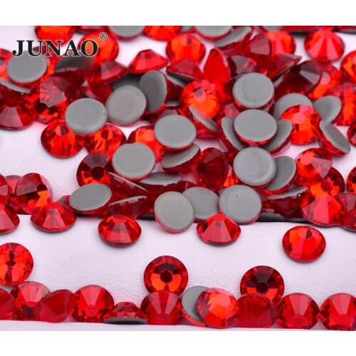 JUNAO SS 6 8 10 12 16 20 30 Hot Fix Red Glass Rhinestone Stones Applique Iron On Strass Crystal Flat Back Gems For Wedding Dress