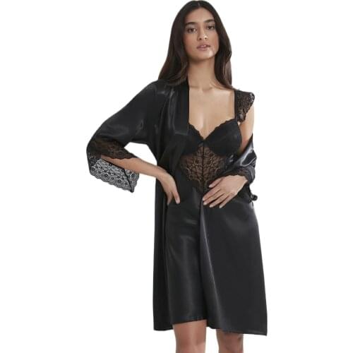 Satin Robe Set Sexy Female Sleepwear Summer Kimono Bathrobe kleid sets Dressing Gown нижнее белье женское bademantel frauen