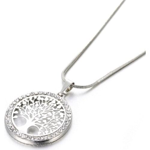 Round Pendant Necklace for Women Statement Long Chain Rhinestones Tree of Life Necklaces Collar Girls Bridal Wedding Jewelry