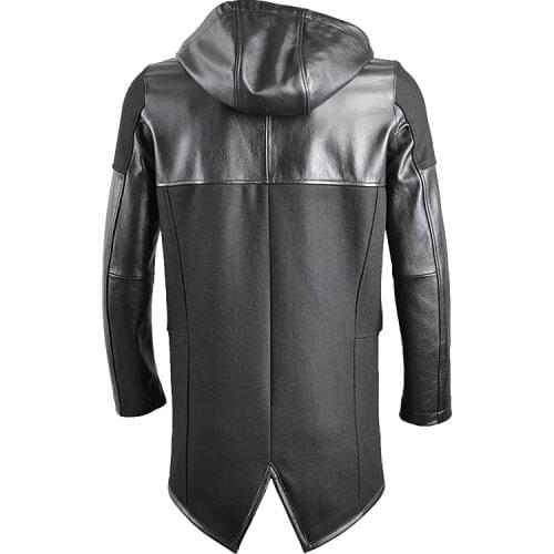 2020 hooded patchwork genuine long coat smart causla Woolen cow windbreaker men real leather jacket male