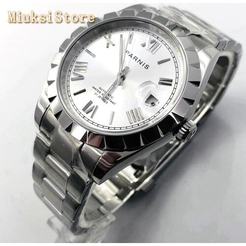 Parnis Mens TOP Luxury Waterproof Watch Silver Case Sapphire Crystal Date Window Stainless Steel Mens Automatic Watch