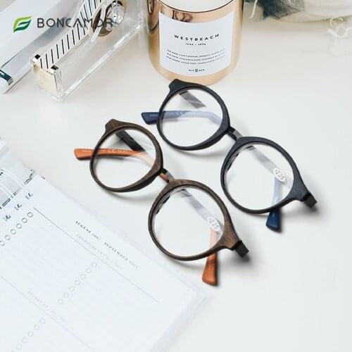 Boncamor Metal Round Frame Design Retro Reading Glasses Wood-Look Readers for Men and Women 0.5 to 6.0