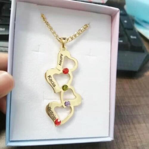 Personalized 3 Love Heart Hollow Design Pendant Necklace with Birthstone Engrave Name Necklace Gift for Women Jewelry