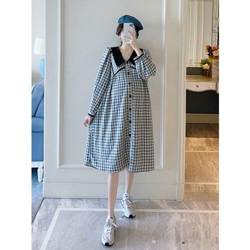 3302# Maternity Dress Spring Autumn Plaid Turn Down Collar Cotton Long Sleeves Loose Stylish Dress for Pregnant Women Mom Dress