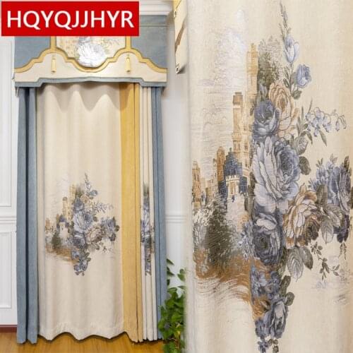Luxury Jacquard blackout villa curtains for living room high quality custom stitching yellow blue curtains for bedroom hotel