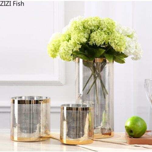 Modern Striped Gold Rim Glass Vase Living Room Dining Table Dried Flower Decoration Golden Hydroponic Glass Flower Vase Art Home