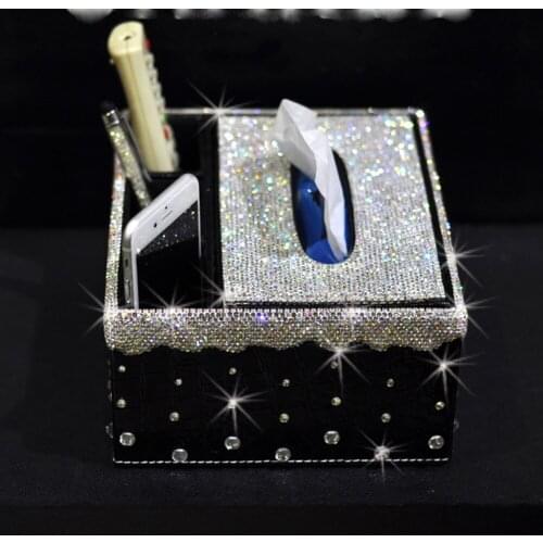 Rhinestone Car Interior Leather Tissue Holder for Car for Home Luxury Diamond Multi-functional Tissue Box