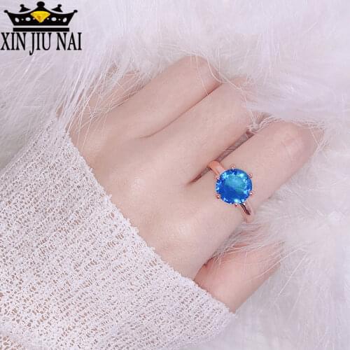 Light luxury rose gold six claws single large blue zircon glossy face ring Wedding Band Promise Engagement Rings For Women