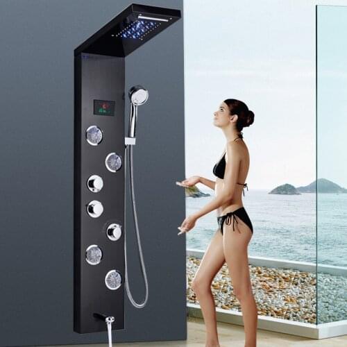 LED Light Shower Panel Waterfall Rain Shower Faucet Set SPA Massage Jet Bath Shower Column Shower Mixer Tap Tower