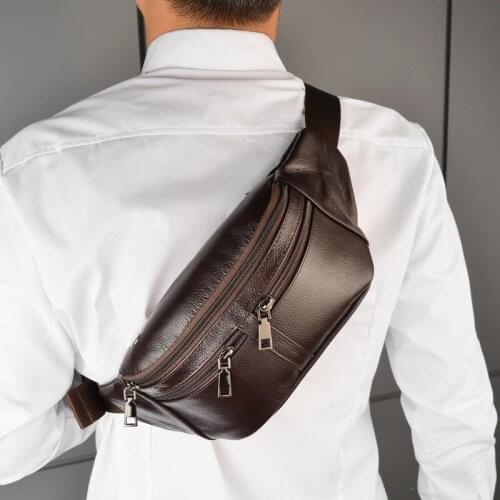 Simple Classic Style Men Fanny Pack Phone Purse Nature First Layer Cowhide Leather Waist Bags Male Zipper Shoulder Chest Bag