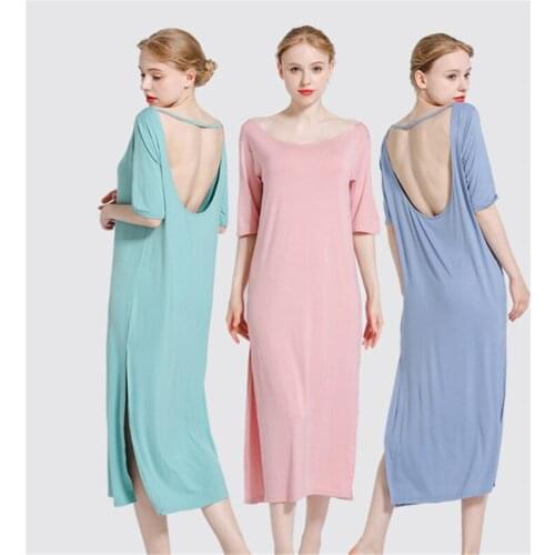 Plus size loose night skirt female summer modal sexy backless szlafrok solid color long section home service fashion night gown