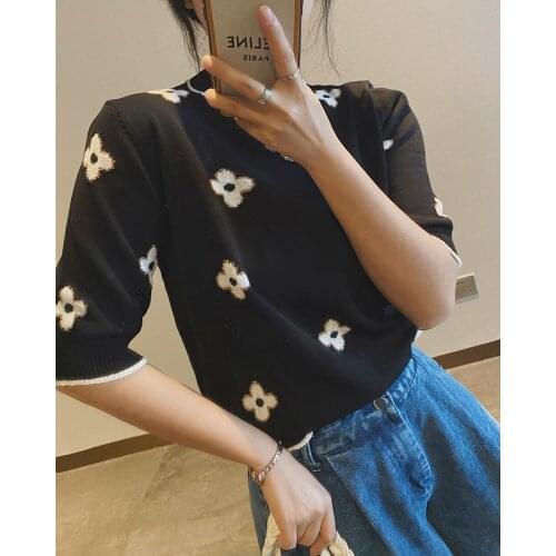 2021 Women Ice Silk Floral Embroidery T-shirt Top Y2k Za Woman Clothes Shirt Blouses Urban Short Sleeve Aesthetic Gothic Sweater