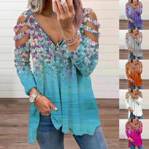 Womens 2021 Autumn Fashion Floral Print V-Neck Zipper T-Shirt Hollow Pullover Casual Loose Oversize Ladies Tops Tee Shirt