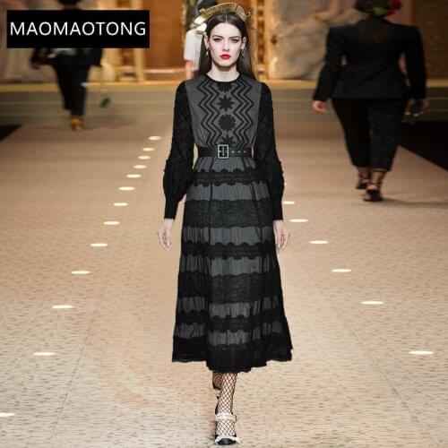 Womens Clothing Fashion Designer Dress Spring Womens Dress Lantern Sleeve Mesh Embroidery Patchwork Lace Vintage Black Dresses